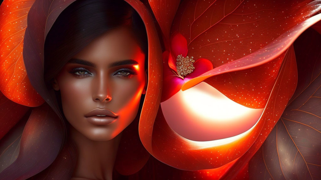 Woman with Blue Eyes Surrounded by Red and Orange Petals in Digital Art