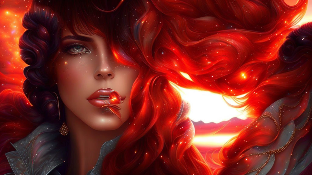 Vibrant digital art portrait of a woman with fiery red hair and sunset background