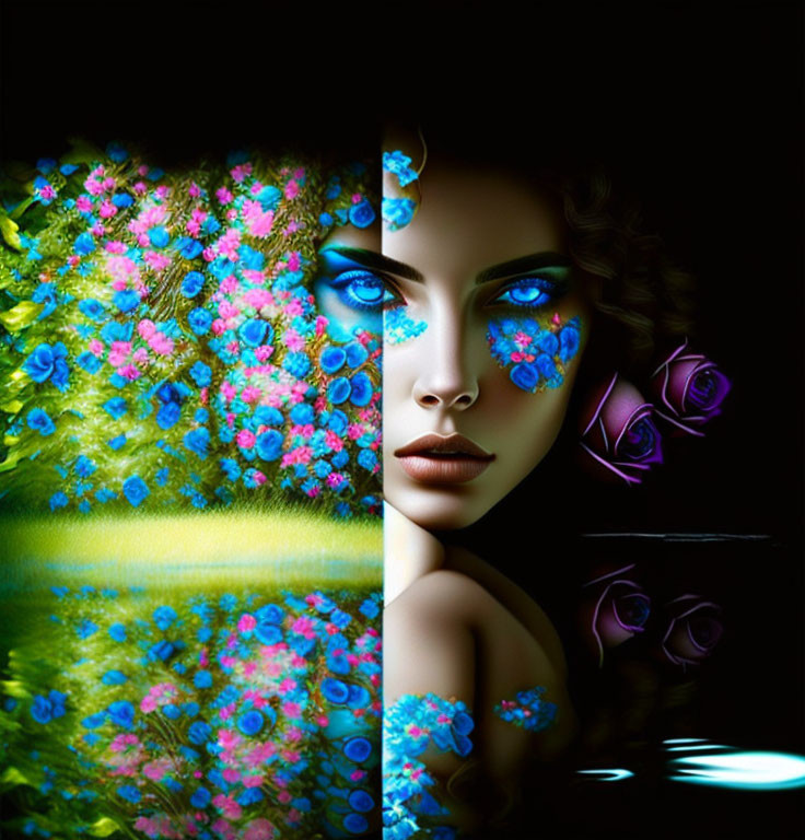 Woman's Face Blended with Vibrant Floral Background and Blue Eyes on Dark Backdrop