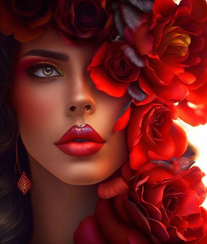 Woman portrait with red roses, dramatic makeup, and intense gaze on red backdrop