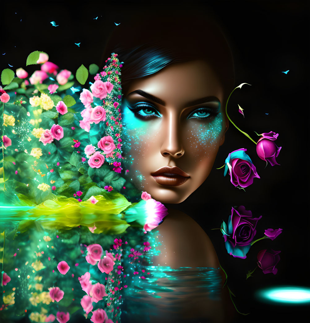 Digital artwork: Woman's face with flower elements on dark background