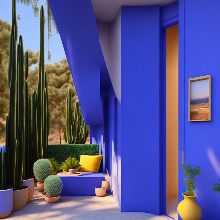 Desert-themed interior with blue walls, yellow door, cacti, plants, and landscape painting