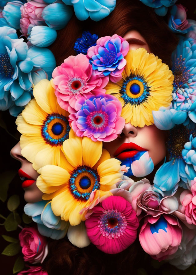 Colorful portrait of a woman with flowers surrounding her face.