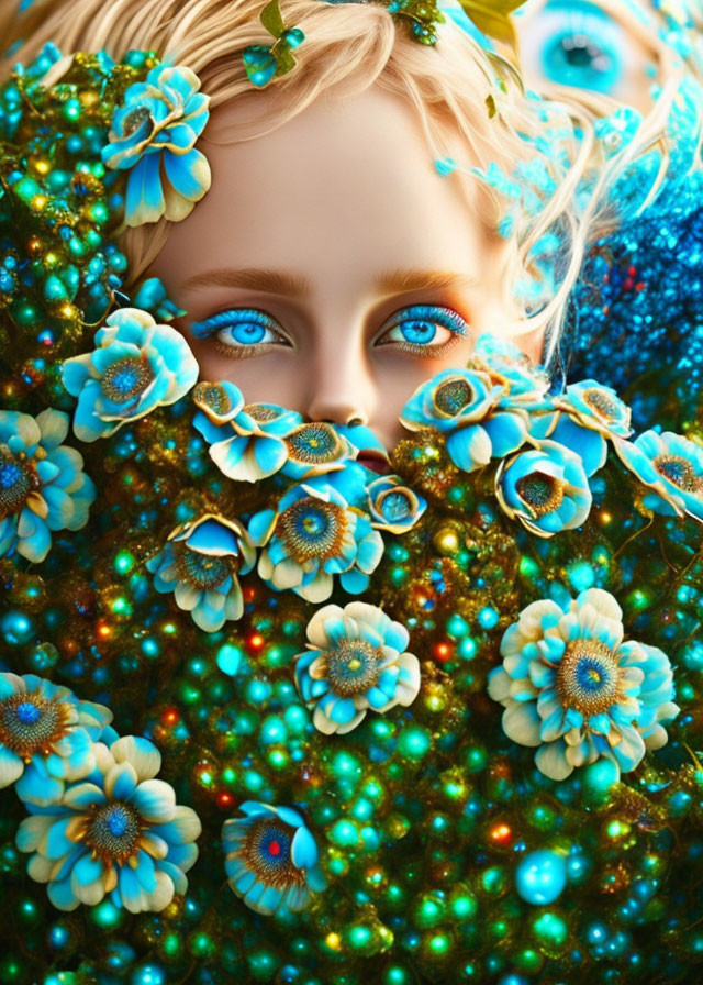 Fantasy portrait featuring person with vivid blue eyes in magical setting