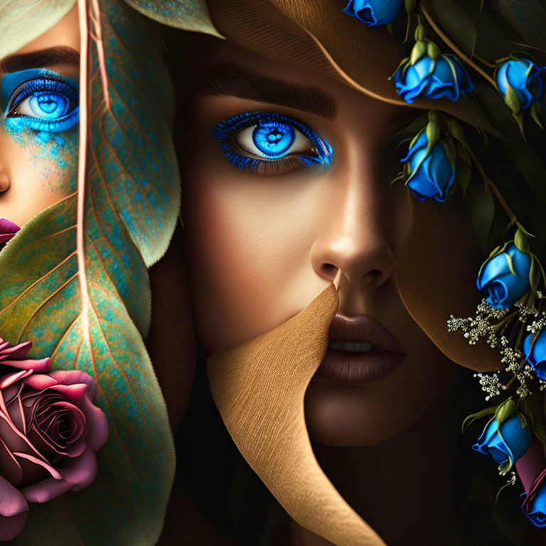 Close-up of woman's face with blue eyes and makeup, surrounded by flowers