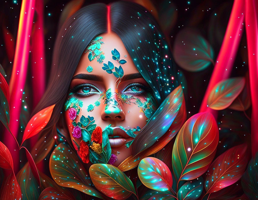 Colorful digital artwork: Woman with floral face patterns in luminous leafy setting