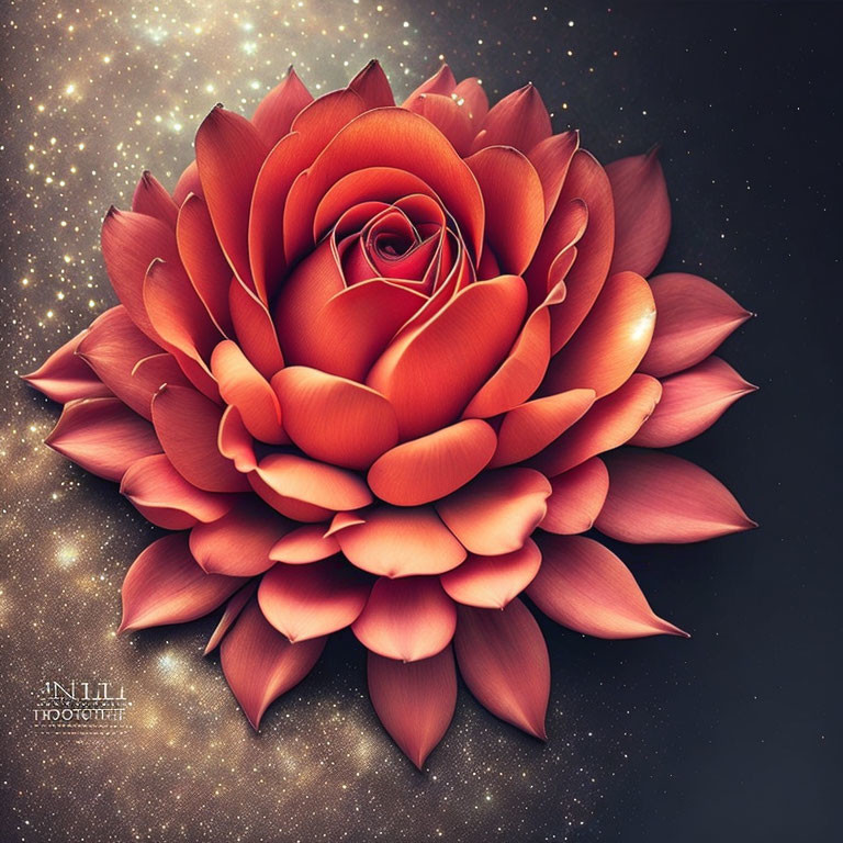 Red rose with layers of petals on dark, starry background