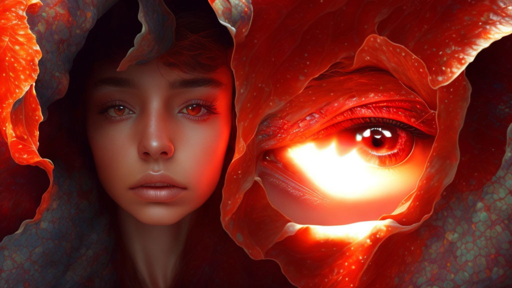 Digital artwork: Woman's face in red flower, glowing eye - mystical vibe