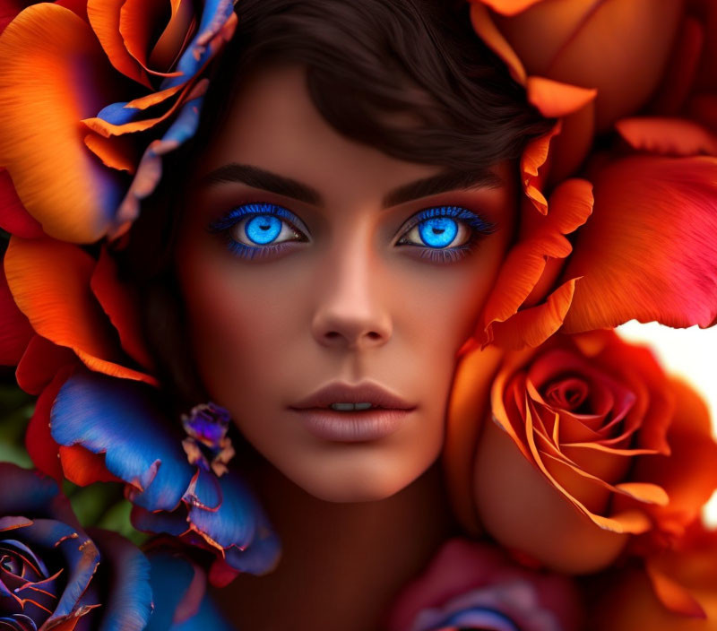 Close-up of woman with vibrant blue eyes and orange/blue roses