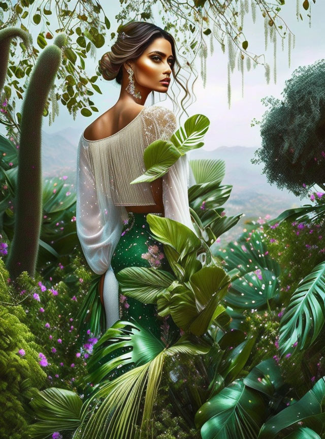 Elegant Woman in Greenery with Exotic Plants