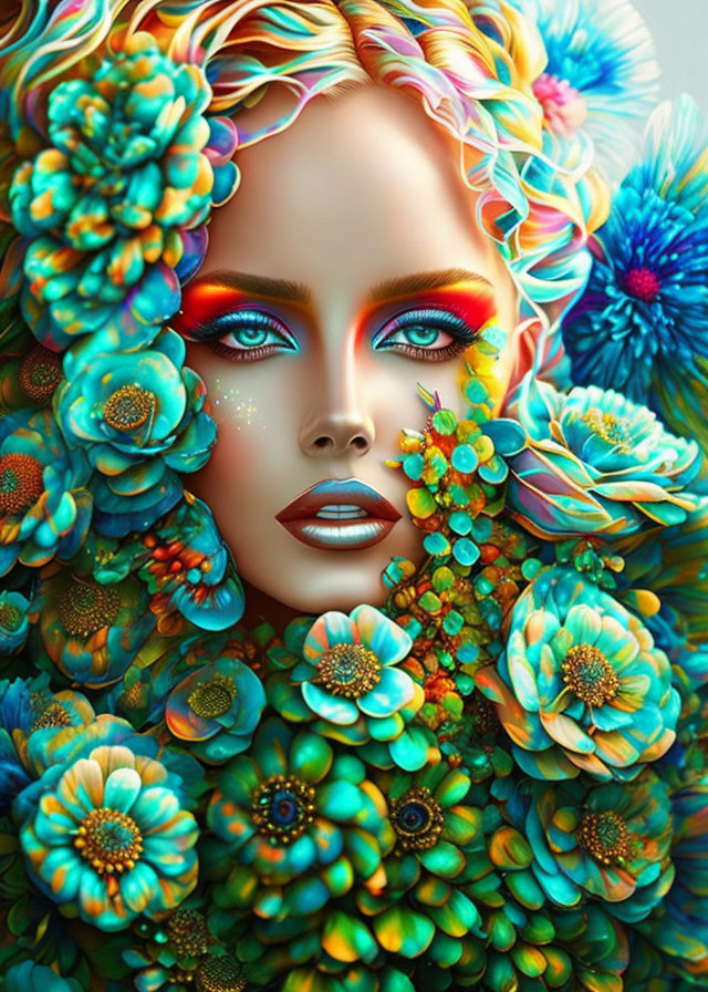 Colorful Woman Surrounded by Flowers and Red Eyeshadow