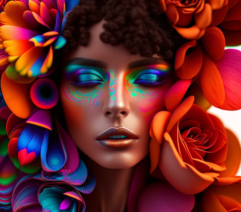 Colorful digital artwork: Woman with vibrant makeup and floral halo