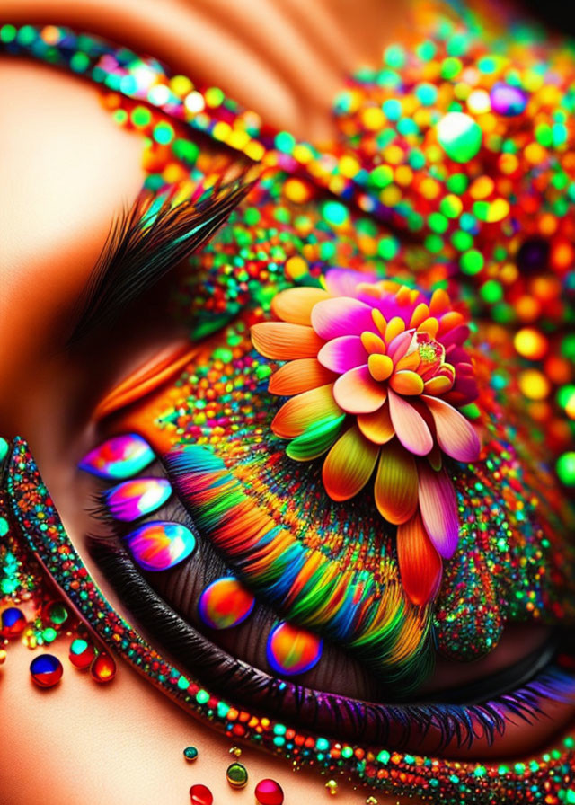 Vibrant flower digital artwork with glittering feathers & bokeh.