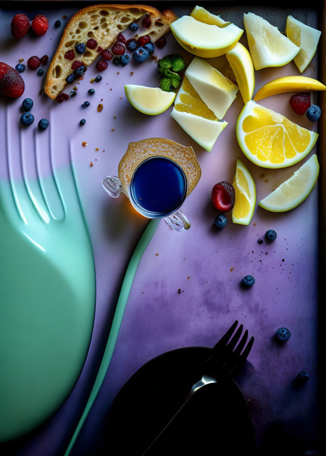 Vibrant food display with lemon, endive, berries, honey dipper, gradient plate,