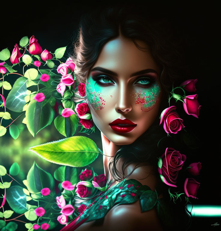 Digital artwork featuring woman with vibrant green eyes and floral motifs in lush greenery.