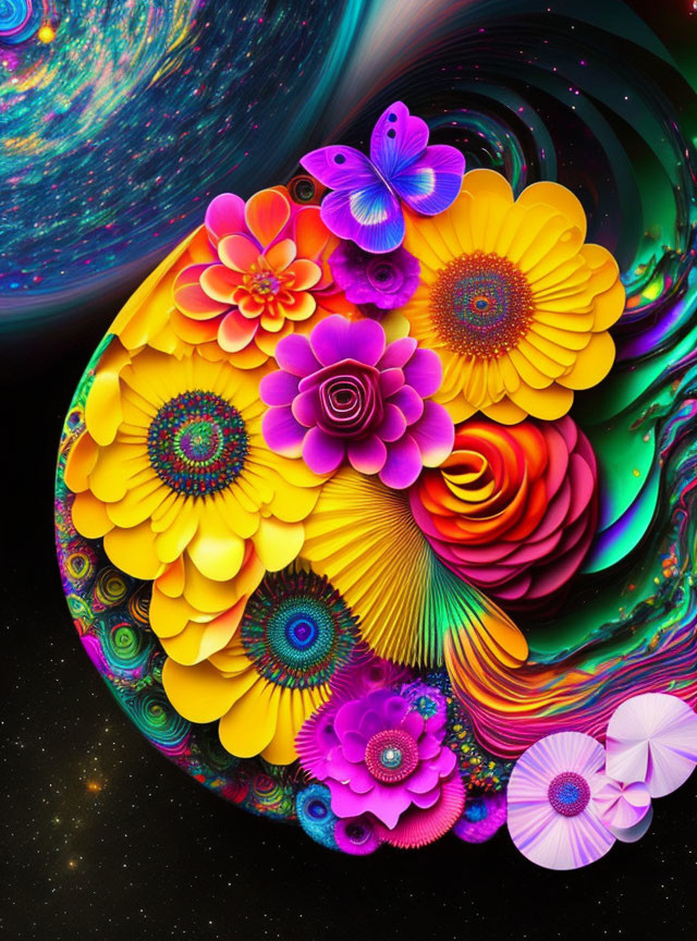 Colorful digital artwork: flowers, butterfly, cosmic background