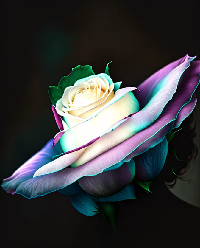 Digitally altered rose image with white, purple, and teal gradient on dark backdrop