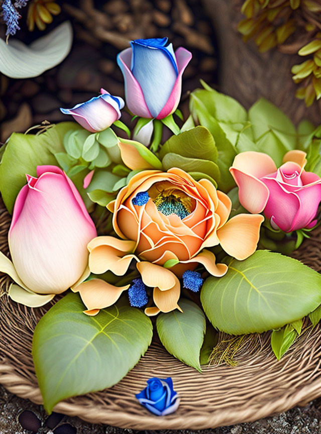 Colorful Rose Bouquet in Woven Basket: Blue, Pink, and Orange Petals