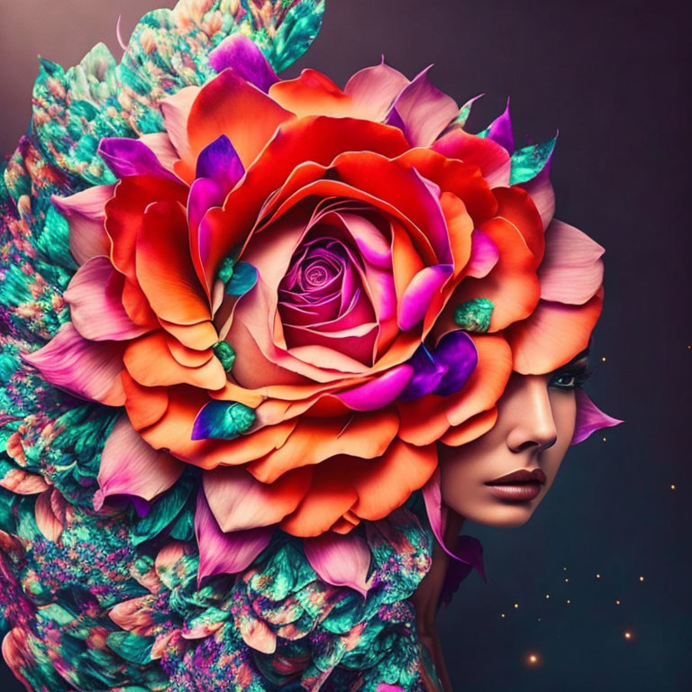 Colorful digital artwork: Woman's face merges with multicolored rose