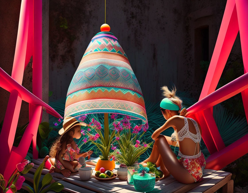 Vibrant tropical setting with animated characters and colorful lamp