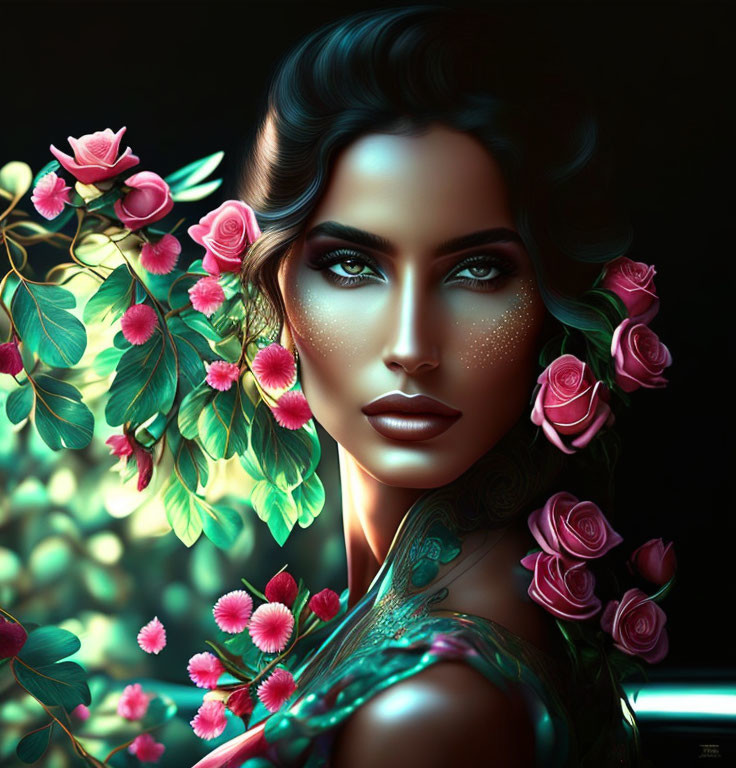 Digital art portrait: Woman with green eyes, pink roses, and mystical vibe