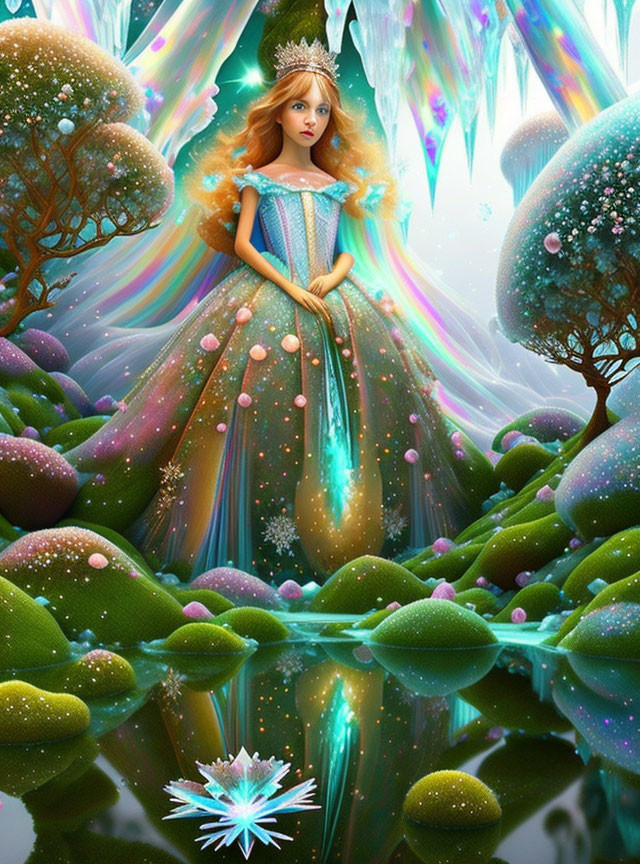 Regal figure in glittering dress among magical flora and icy structures