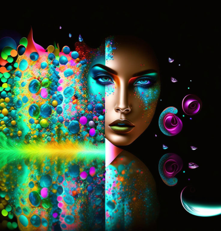 Colorful cosmic digital art: Woman's face half-hidden with vibrant swirls