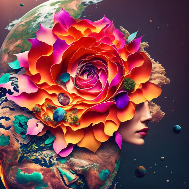 Surreal profile of a woman merging with orange flower in cosmic scene