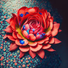 Multicolored flower with dynamic droplets on abstract backdrop