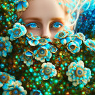 Colorful Woman Surrounded by Flowers and Red Eyeshadow