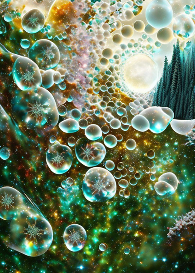 Surreal cosmic scene with bubbles, stars, galaxies, and foliage