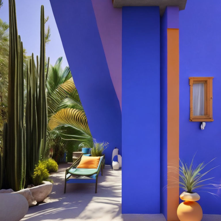 Colorful courtyard with blue walls, orange stripe, green chair, cacti, palm trees,