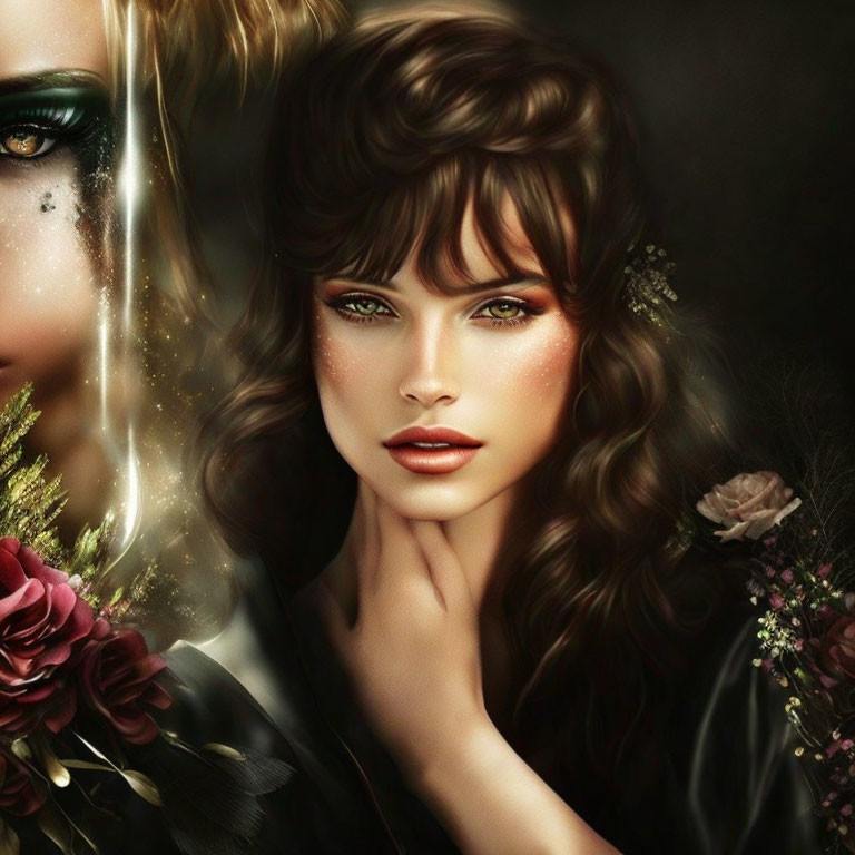 Woman with radiant skin and lustrous brown hair adorned with flowers and tears reflection.