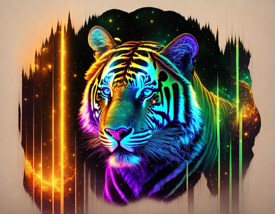 Colorful Tiger Head Artwork Against Starry Night Sky and Forest Silhouette