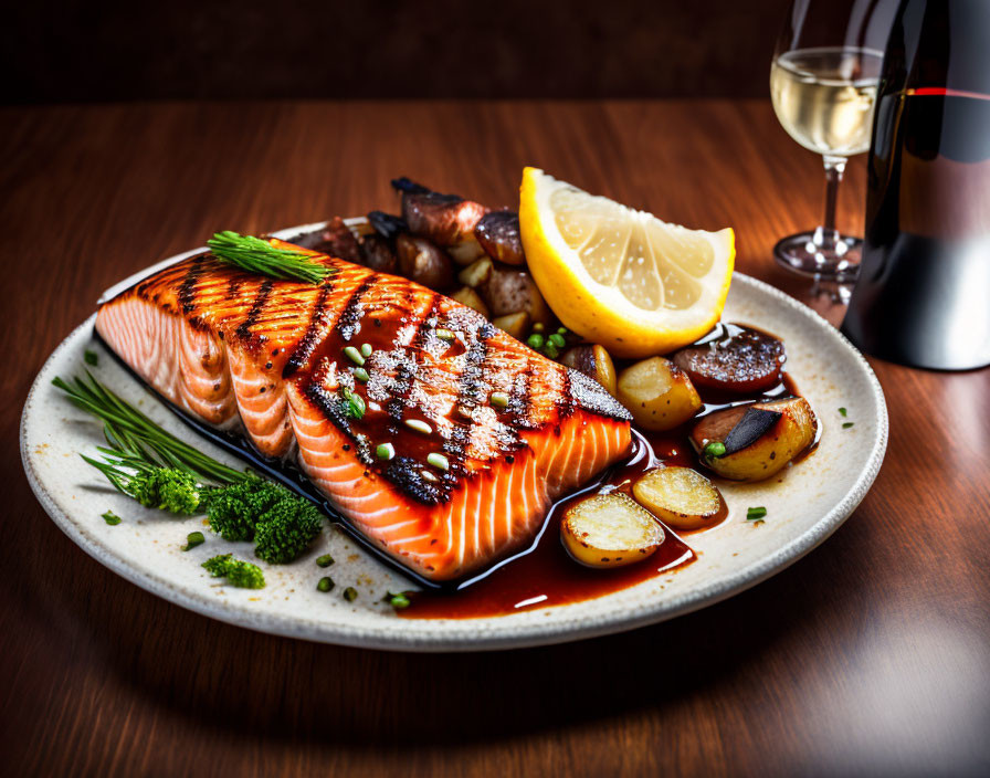 Grilled Salmon with Glaze, Lemon, Herbs, Roasted Potatoes, Asparagus &