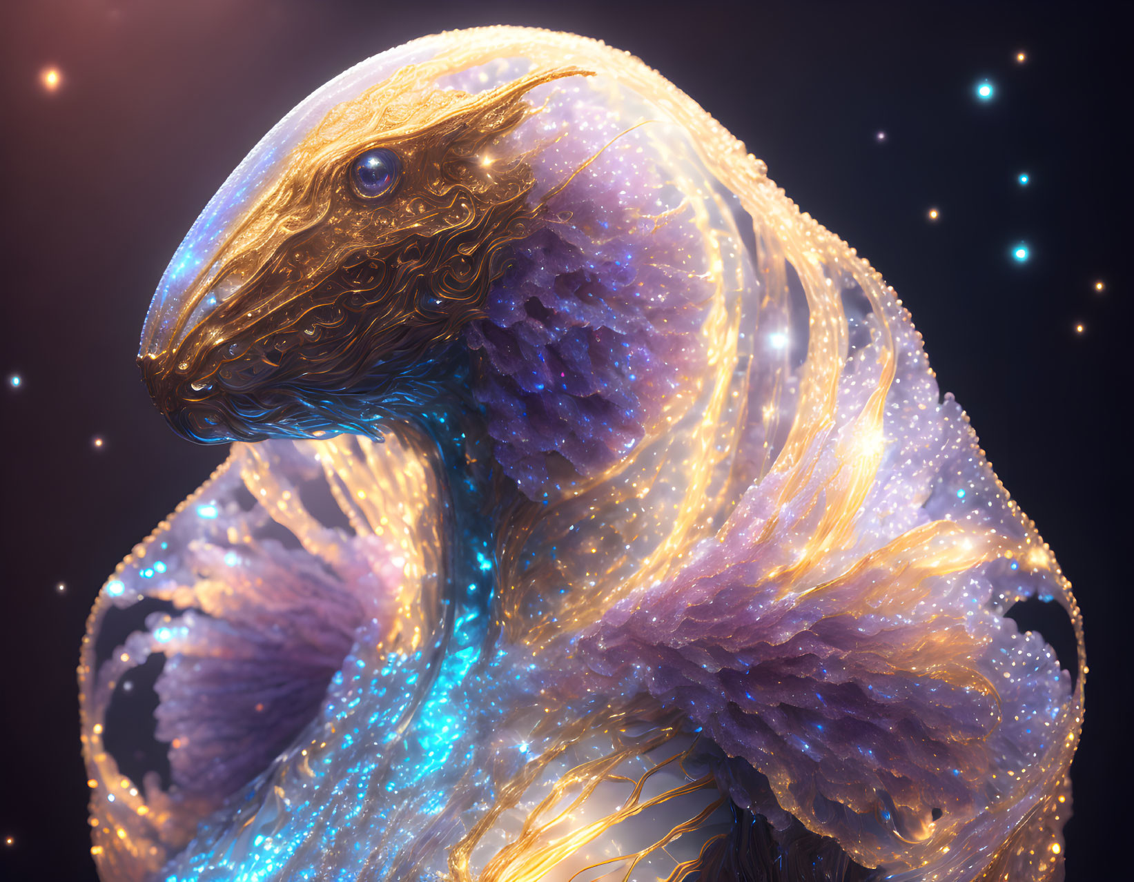 Ethereal creature with star-like lights in cosmic setting