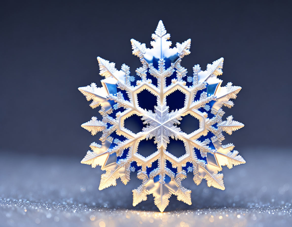 Intricate Blue and White 3D Snowflake Ornament on Silvery Background