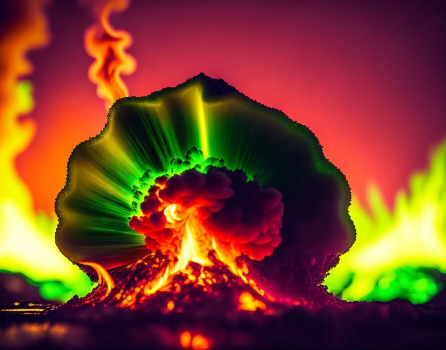 Colorful abstract artwork of glowing volcanic eruption in vivid greens and reds