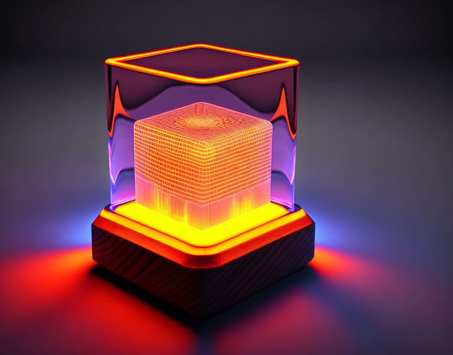 Vibrant Neon Red and Blue 3D Cube Hologram in Glass Container