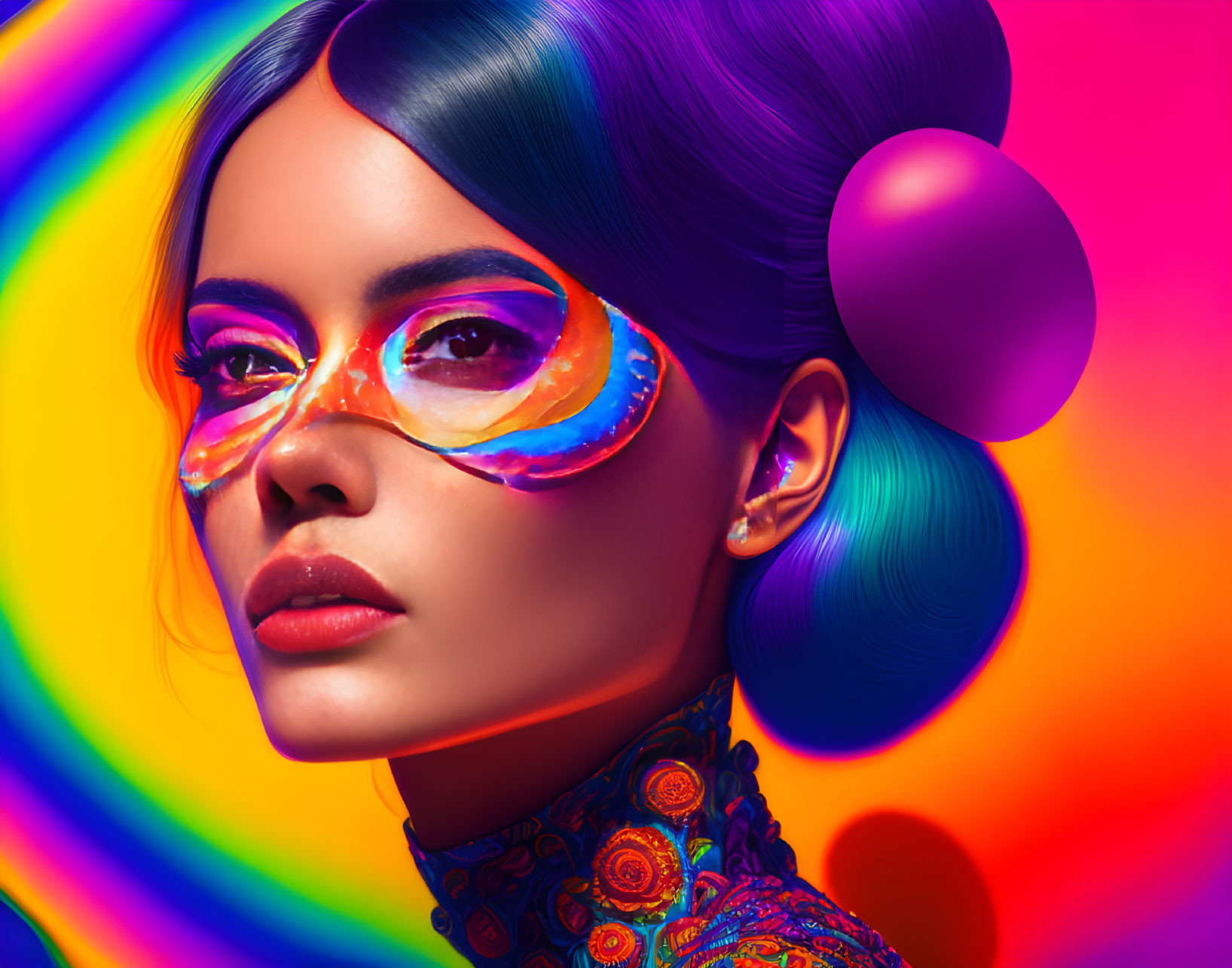 Vibrant woman portrait with colorful makeup and blue hair