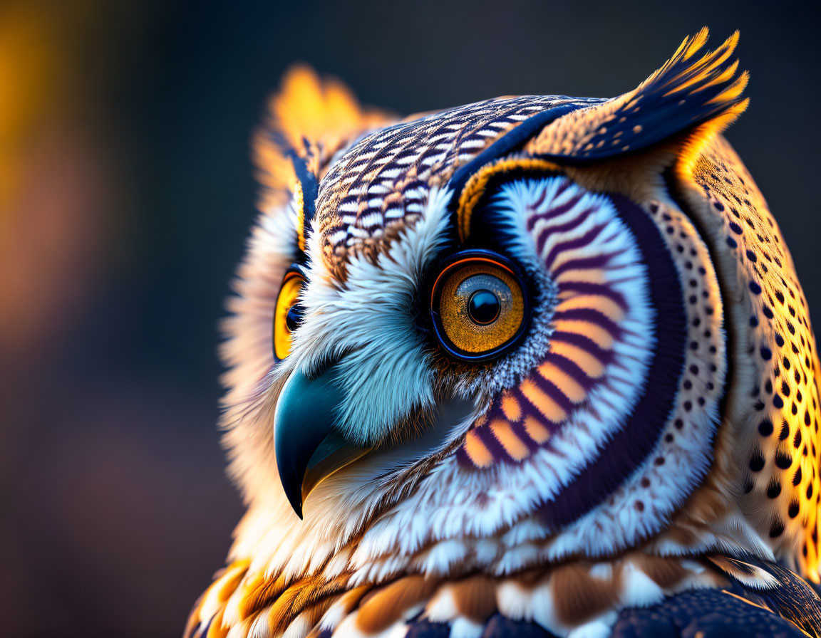 Detailed Owl Portrait with Intricate Feathers & Orange Eyes