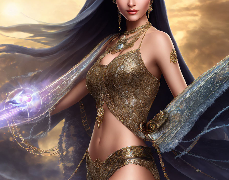 Fantasy female character in ornate golden attire with mystical orb and flowing cloak.