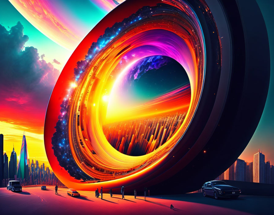 Surreal sci-fi cityscape with loop structure in multicolored sky