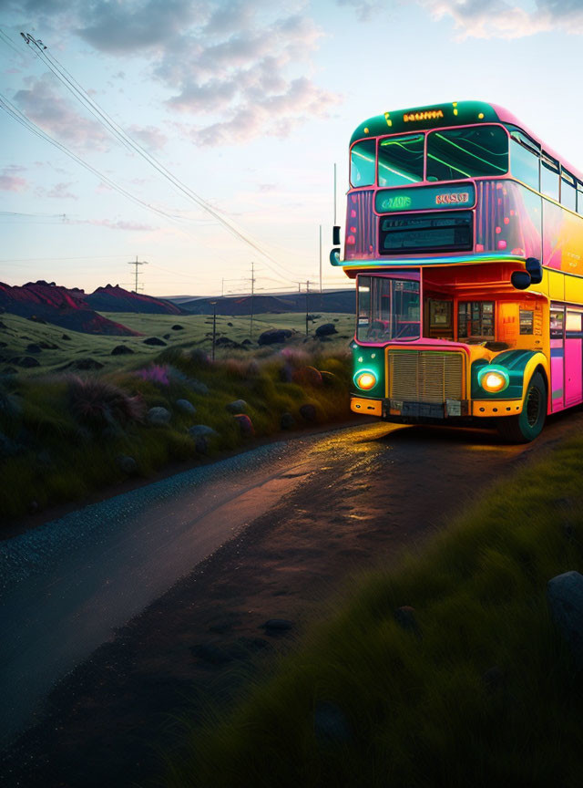 Colorful double-decker bus on rural road at twilight with green hills and cloudy sky