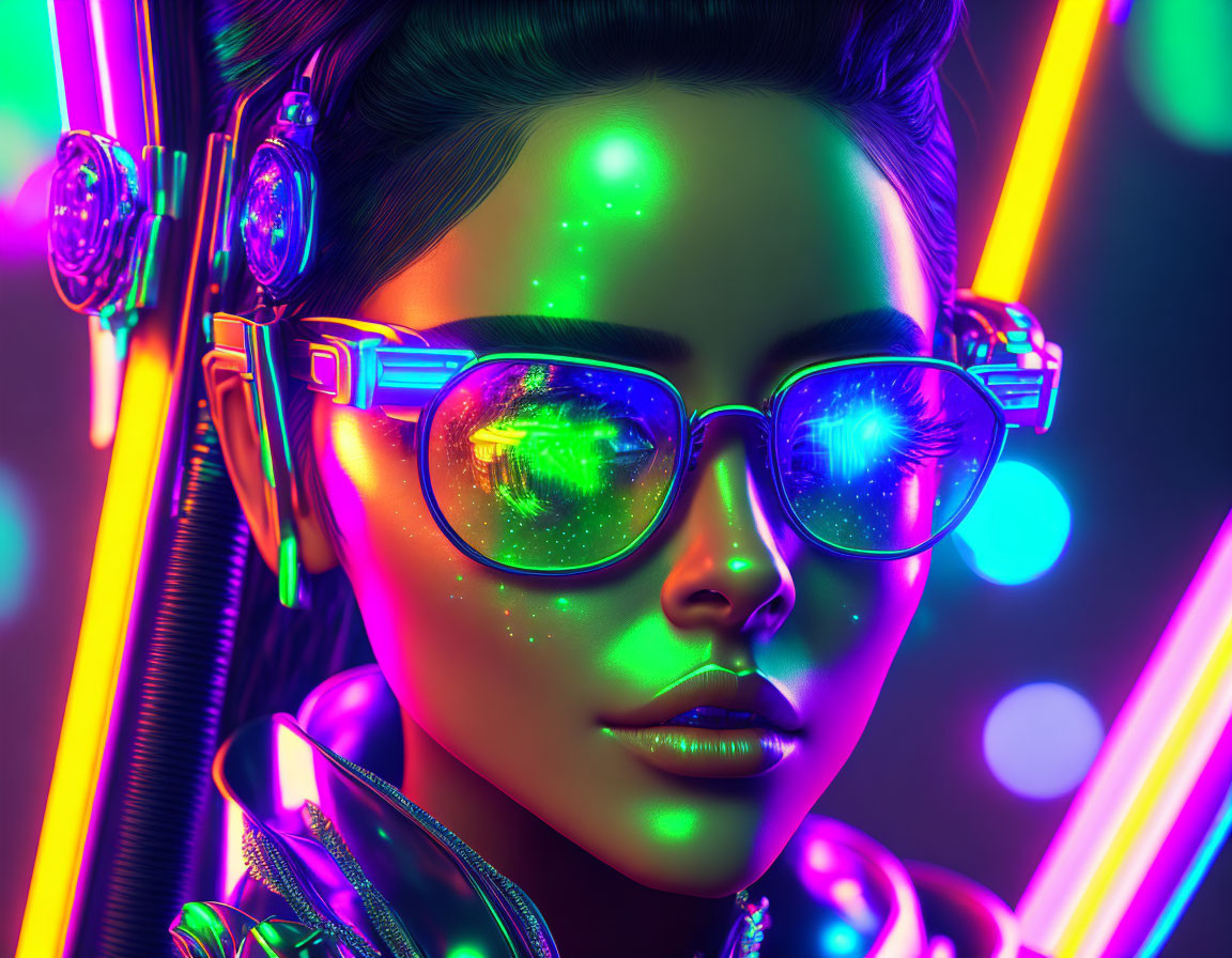 Digital artwork: Woman in reflective sunglasses with neon lights and futuristic headphones