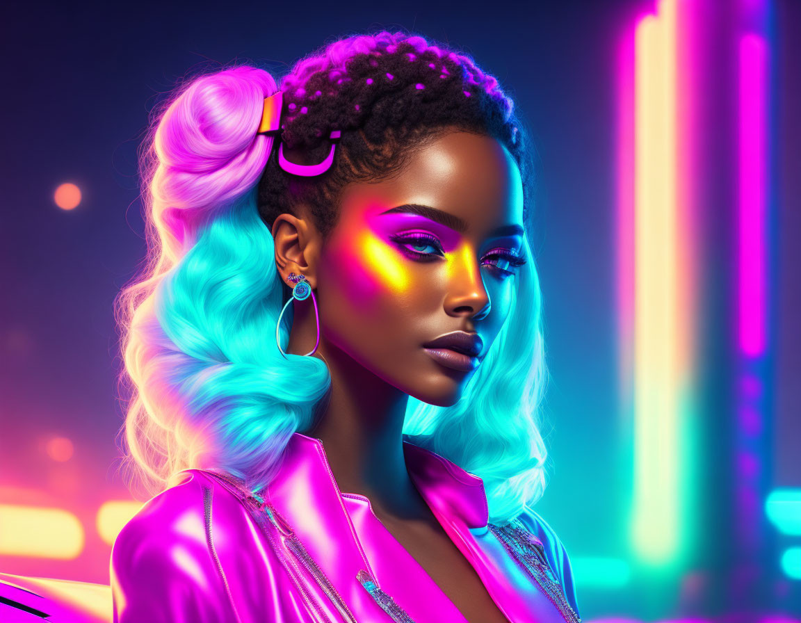 Vibrant neon makeup woman with blue hair in colorful cityscape.