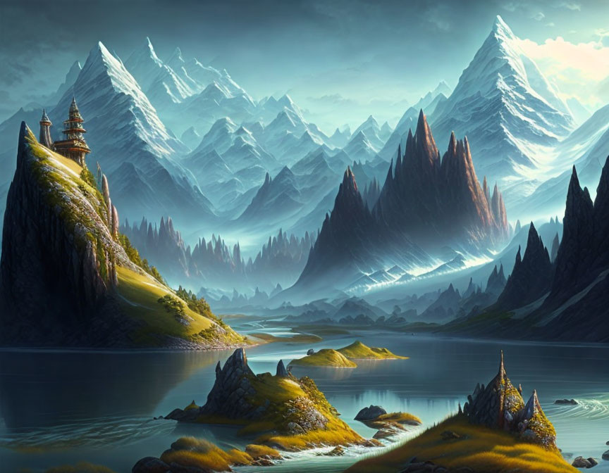 Snow-capped mountains, lake, rock formations, tower in serene fantasy landscape