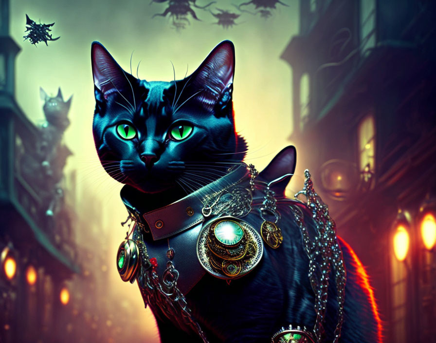 Majestic black cat with green eyes in mystical fantasy setting