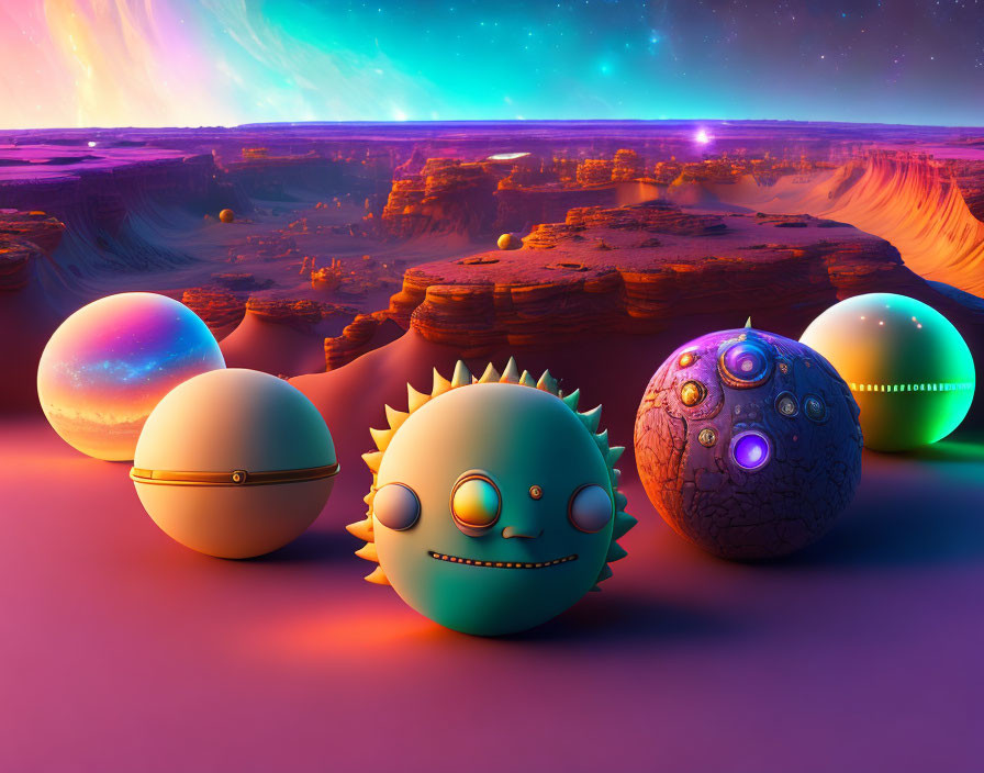 Colorful Sky and Stylized Spheres on Alien Terrain at Twilight