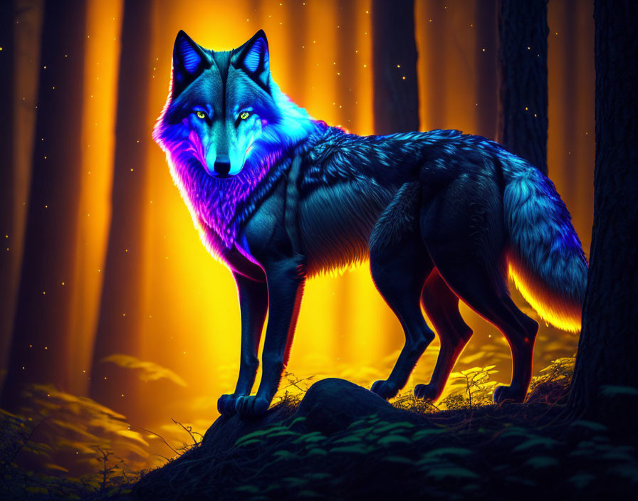 Blue wolf in orange-lit mystical forest with glowing lines